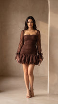Chocolate Brown Ruched Puff-Sleeve Mini Dress
